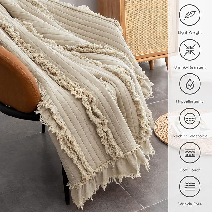 Ultra Soft Pre-Washed Quilted Boho Beige Twin Size Blankets for Bed, Ruffle Fringed Decorative Throw, Stone Washed Chic Rustic Blanket for Sofa Couch Bed, 60"*80"