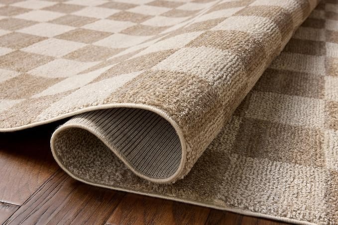 Loloi Chris Loves Julia Calvin Collection CLV-01 Pebble/Ivory 6'-3" x 9'-6" Area Rug Checkered Neutral Soft Living Room Bedroom Carpet