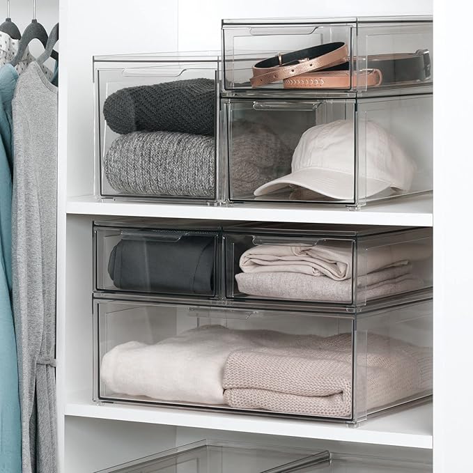 mDesign Plastic Stackable Closet Storage Organizer Bin Containers with Front Pull Drawer for Cabinet, Desk, Shelf, Cupboard, or Dresser Organization - Lumiere Collection - 2 Pack - Clear