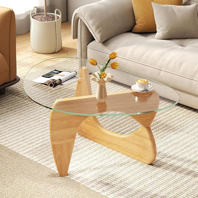 Glass Coffee Table, Mid Century Modern Coffee Table, Coffee Table for Living Room Center Table Suitable for Bedroom Living Room Reception Office Tables (Wood/Transparent, Large)