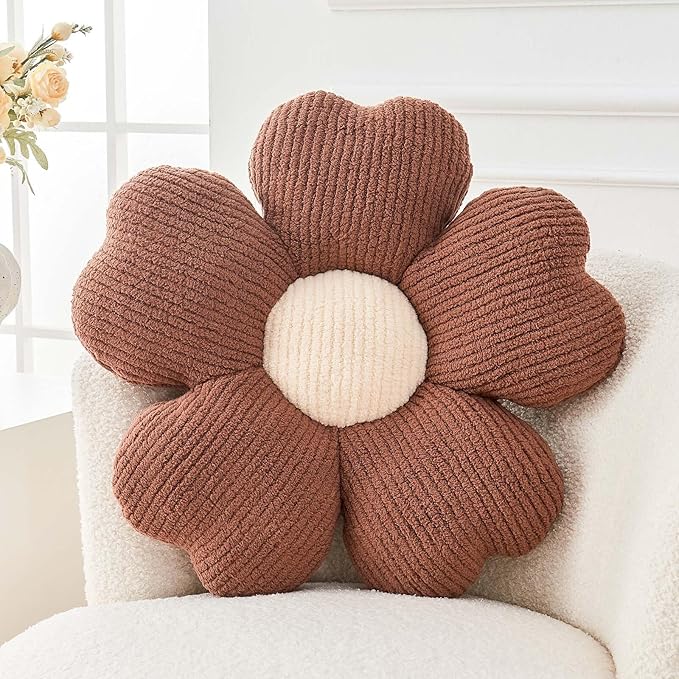 Kcvvcr Flower Throw Pillow, Cute Flower Shaped Pillow Decorative Throw Pillow for Bed Couch, Soft Daisy Pillows Floor Seating Cushion Cushions (19.6 Inch Brown)