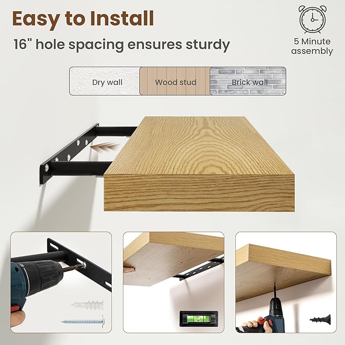 20 Inch Floating Shelves for Wall, 8 Inch Deep Floating Shelf for Storage & Display, Rustic Wall Mounted Shelf with Invisible Brackets for Living Room, Kitchen, Bathroom, Home Decor, Set of 2, Oak