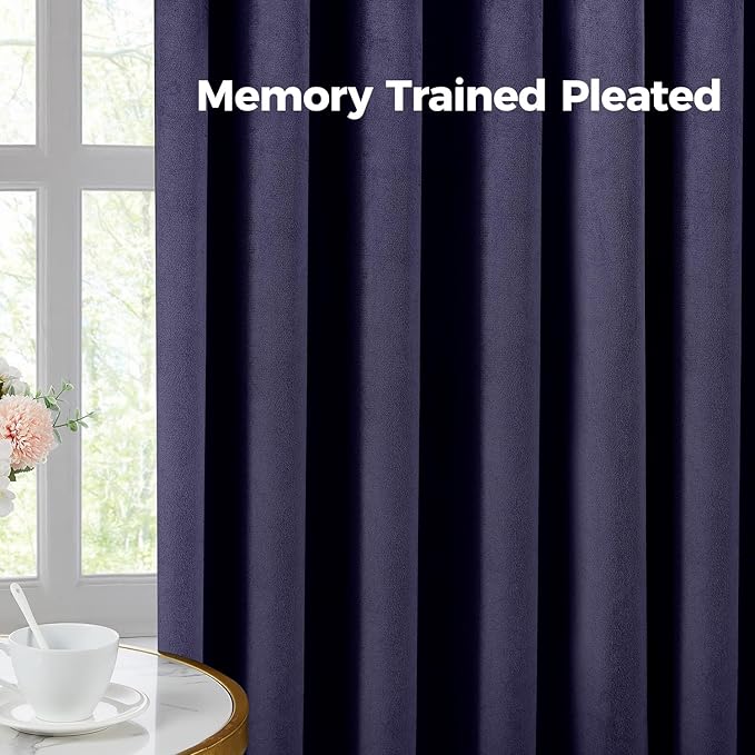 Pinch Pleated 100% Blackout Curtains for Bedroom, Navy Blue Velvet Curtains for Living Room, Black Out Curtain 86 inch Long Room Darkening, Blackout Pinch Pleat Drapes with Hooks 2 Panels