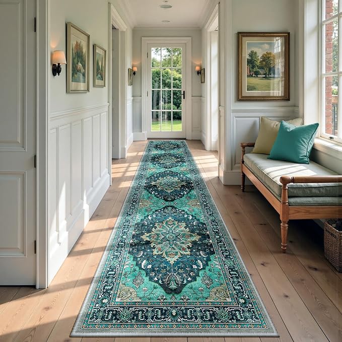 Area Rugs 2'x9' Washable Non-Slip, Floral Vintage Distress Print Pattern Medallion Carpet for Living Room Bedroom Dining Room, Teal Green Lake Blue Turquoise