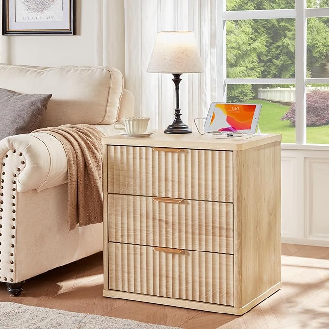 LEYAOYAO 48" Wide Fluted Dresser and 23" Nightstand Set of 2, Wooden Dresser & Night Stand with Charging Station, 3 Piece Bedroom Furniture Set, Chest of Drawer for Living Room,Natural Wood