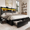 King Bed Frame with 6 Storage Drawers, Linen Upholstered Headboard, Built-in USB Charging Station & LED Lighting, Silent Metal Support, No Box Spring Needed, Vintage Black