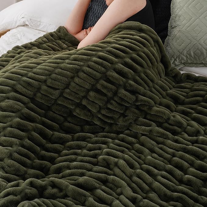 BATTILO HOME Olive Green Faux Fur Throw Blanket for Bed, Double Side Reversible Ruched Faux Rabbit Fur Throw for Couch, Bed, Super Soft Blanket Cozy Warm Mink Blanket, 50"x60"