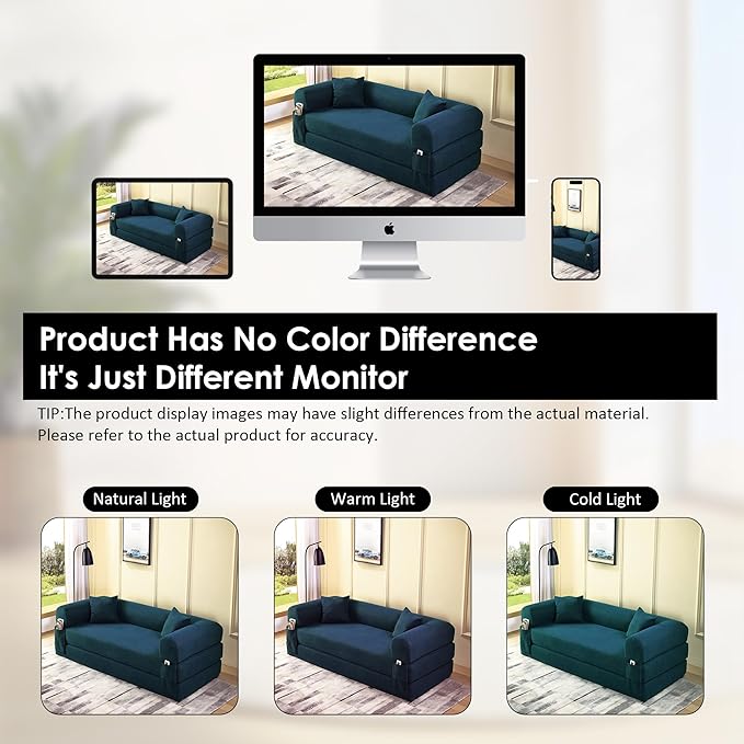 80" Convertible Sofa Bed, Corduroy Deep Seat Folding Pull Out Couch with Pillows, No Assembly Modern Boneless Couch Compression Sofa in Box, Floor Sofa with Storage Pocket for Living Room,Dark Blue