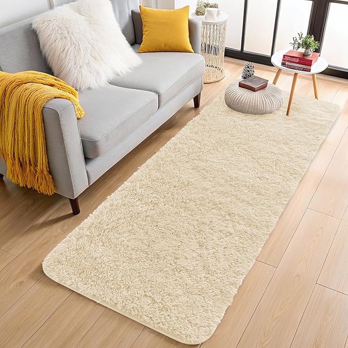 OLANLY 2x6 Machine Washable Runner Rugs for Hallway, Soft Fluffy Shaggy Bedside Rugs for Bedroom, Living Room, Indoor Floor Carpet for Kids Girls and Boys, Home Decor Aesthetic, Cream