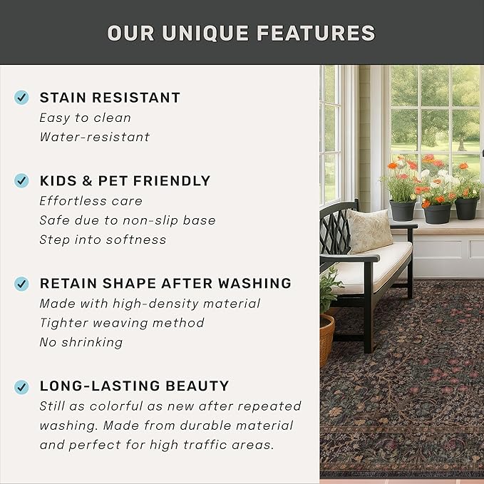 Dark Brown 2x4 Entryway Rug, Small Runners for Kitchen, Door Mat Indoor Entrance, Bathroom, Non-Slip Low-Pile Washable Stain Resistant, Vintage Tapue Green Floral Design