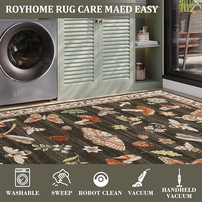 Mushroom Insect 3ft Round Rug Washable Non-Slip Soft Ultra-Thin Small Boho Circle Carpet for Entryway Kitchen Bedroom Nursery Dining Room Brown