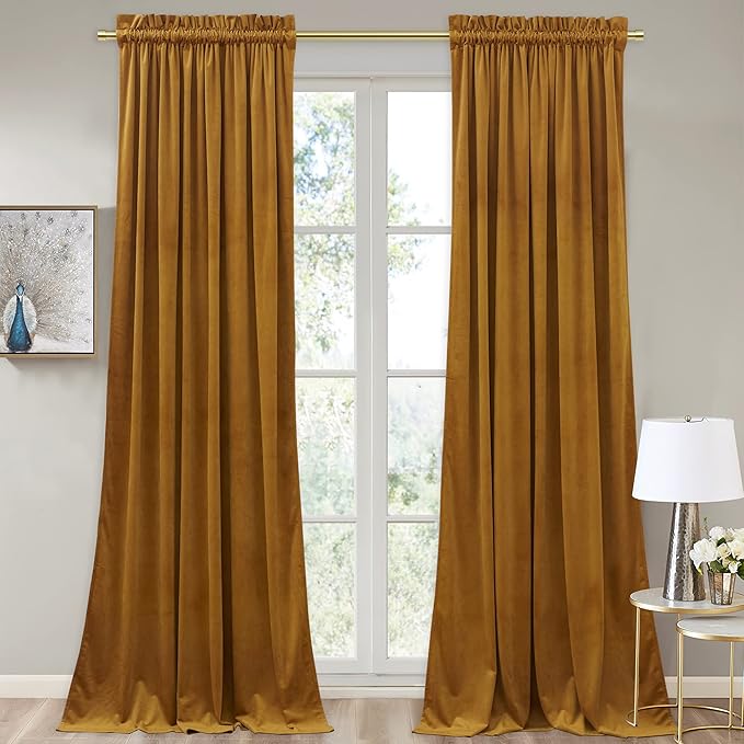 StangH Mustard Gold Fall Curtains - Stylish Velvet Blackout Drapes for Living Room, Soft Energy Efficient Curtains for Bedroom, Vibrant Home Decor, W52 x L100, 2 Panels
