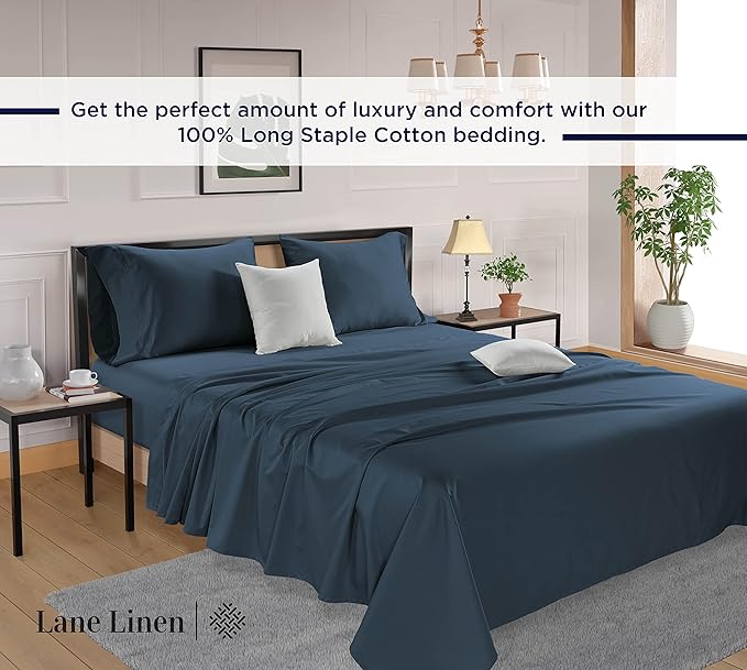 LANE LINEN King Bed Sheets – 600 Thread Count Long-Staple 100% Cotton King Size Bed Sheets, Hotel Luxury Soft Silky Sateen Weave, Durable for Daily Use, Fully Elasticized 15" Deep Pocket – Denim