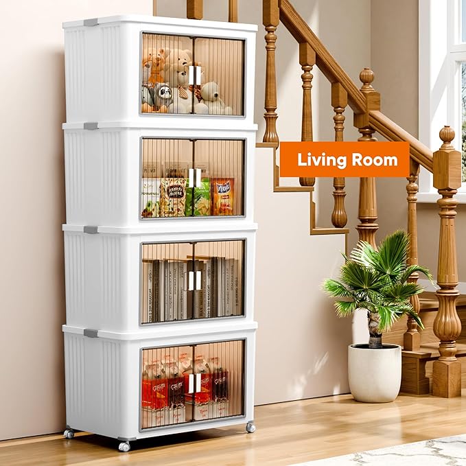 4 Tier 432 Qt Storage Bins with Lids - Stackable Storage Bins, Large Plastic Storage Boxes for Toy, Closet, Open Front Storage Bin with Wheels Suitable for Garage, Bedroom, Living Room, Camping