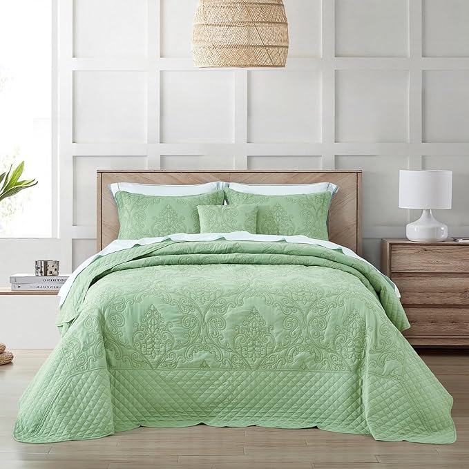 CHIXIN Bedspread Coverlet Quilt Set Full Size - Lightweight Bedding Cover - Beautiful Stitching - 5 Piece Reversible Bedspread - Luxury Damask Paisley Pattern (Full, Peak Green)