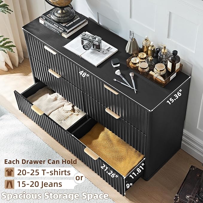 LEYAOYAO 48" Wide Fluted Dresser and 1 Drawers 23" Nightstand Set of 2, Wooden Dresser & Night Stand with Charging Station, 3 Piece Bedroom Furniture Set, Chest of Drawer for Living Room,Black