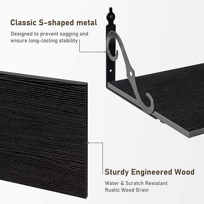 Dreamland Deep Floating Shelves, 16" W x 12" D Wall Shelves Set of 2, Wide Display Shelf Wall Mounted with Brackets, Bookshelf for Living Room, Bathroom, Bedroom, Black