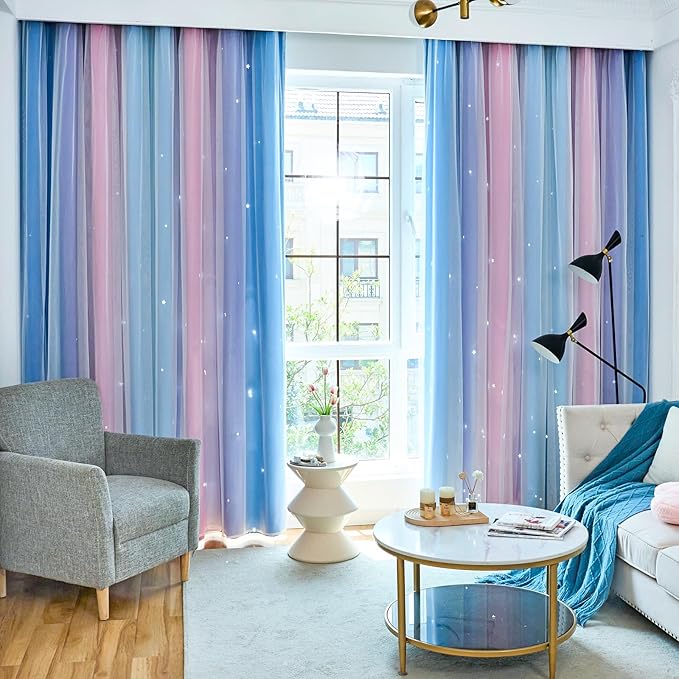 Star Curtains Blackout Curtains for Bedroom Cute Curtains Kids Curtains Rainbow Curtains, Curtains 72 Inches Long 2 Panels, Blue & Purple & Pink Curtains, 42 X 72 Inches