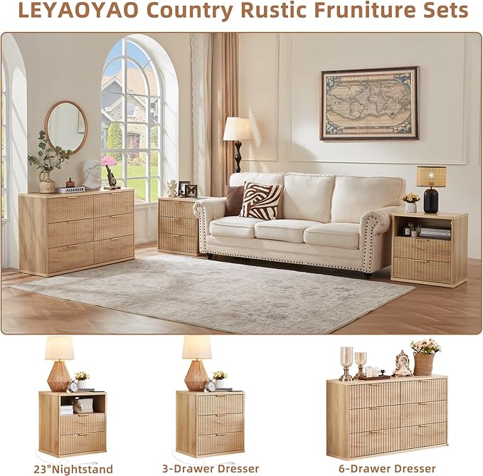 LEYAOYAO Fluted Dresser and Nightstand Sets, Wood 48" Wide Dresser & 23" Night Stand with Charging Station, 2 Piece Bedroom Furniture Set, Chest of Drawers for Bedroom, Home, Living Room,Wood