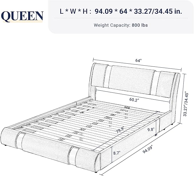 Allewie Queen Size Platform Bed Frame with Iron Piece Decor, Faux Leather Upholstered Bed with Curved Adjustable Headboard, Wooden Slats Support, No Box Spring Needed, Modern Style, White
