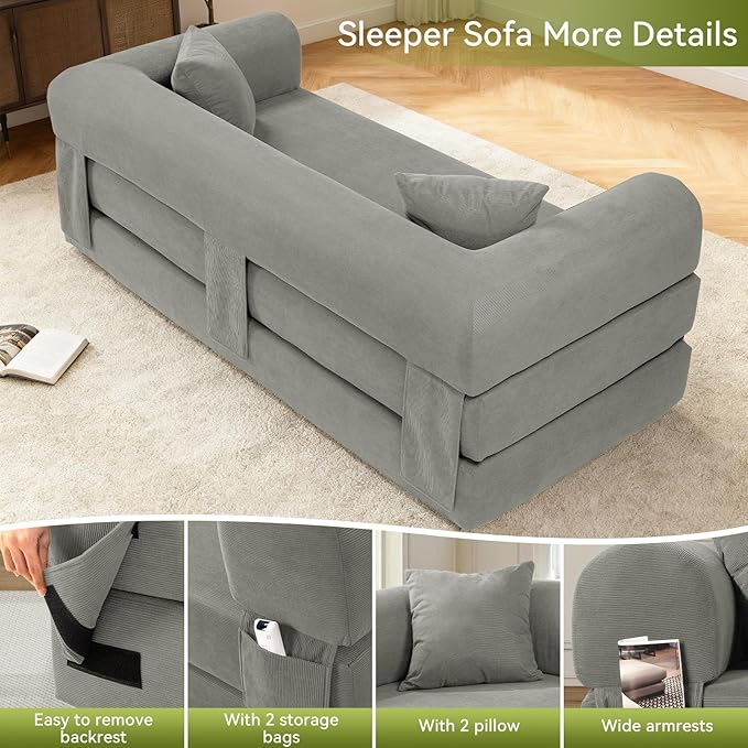 80" Convertible Sofa Bed,Corduroy Folding Sleeper Sofa Bed Queen with Pillows & Storage,Modular Pull Out Couches Boneless Couch for Living Room,Compressed Couch in a Box,Light Gray