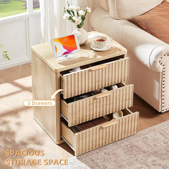 LEYAOYAO 48" Wide Fluted Dresser and 23" Nightstand Set of 2, Wooden Dresser & Night Stand with Charging Station, 3 Piece Bedroom Furniture Set, Chest of Drawer for Living Room,Natural Wood