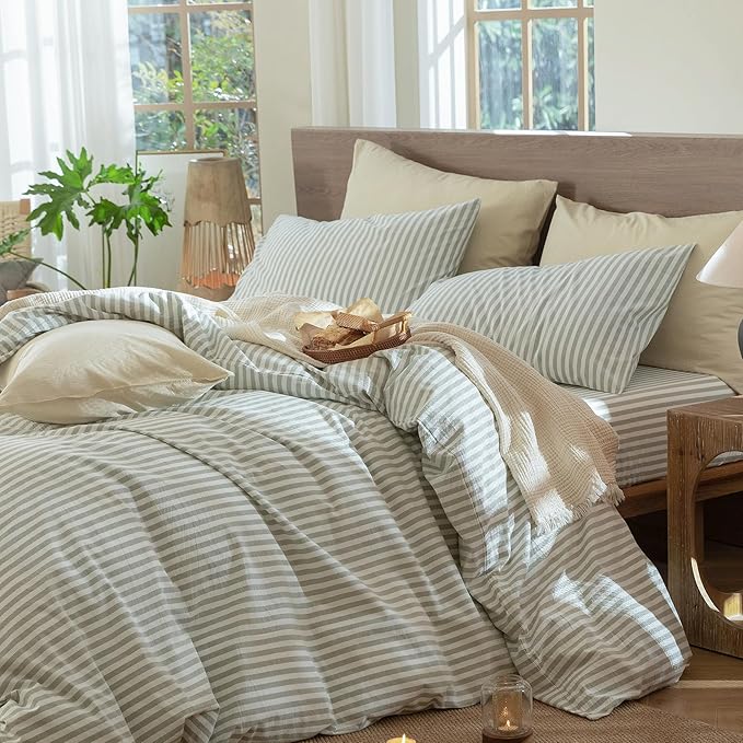 MooMee Striped Duvet Cover Set 100% Washed Cotton Linen Like Textured Breathable Durable Soft Comfy (Sage Green White Classic Stripes, Super King 108"x98")