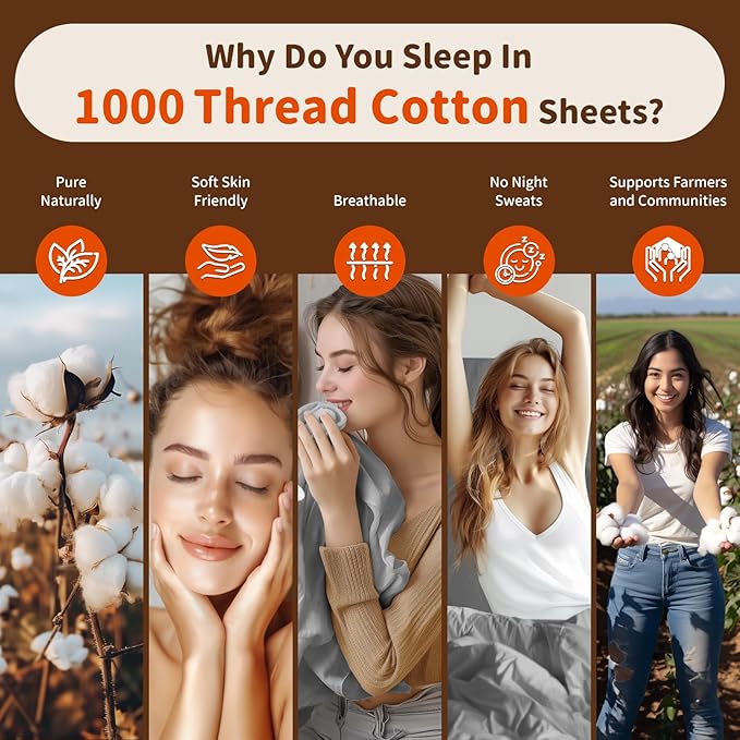 LBRO2M 100% Cotton Sheets Set Deep Pocket 24", 1000 Thread Count Queen Size 4 Piece Bed Sheet Sets Soft Comfortable Bedding All Season (Queen, Gray)