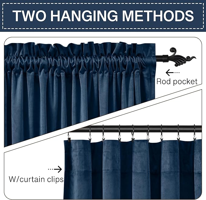 StangH Blue Velvet Blackout Curtains 96 inches Long Navy Blue Thick Thermal Insulated Window Treatment Luxury Home Decor for Sliding Door/Bedroom/Dining Room, W42 x L96, 2 Panels