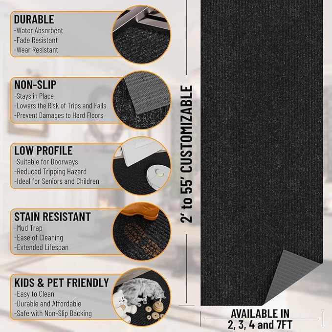 Ottomanson 3'11" x 53' Hallway Runner with Scraper Pile - Extra Durable Non-Slip Rug Mat for Indoor & Outdoor Use - Ideal for Kitchen, Entryway & Garage - High-Traffic Carpet, Black