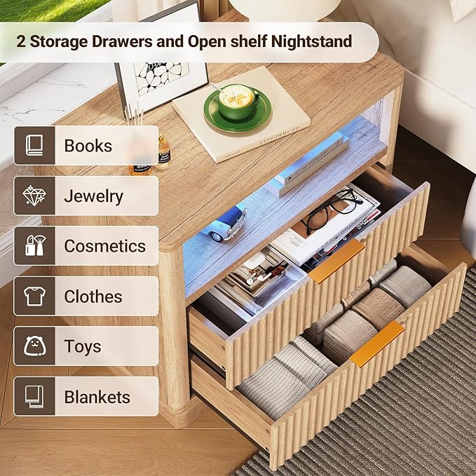 ELYKEN Wood Fluted Nightstand Set of 2, 24" Wide Night Stand with Charging Station & LED Lights, 2 Pack Bedside Table with 2 Drawers and USB & Type-C Port for Bedroom