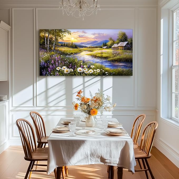 SERIMINO Large Wall Art Prints, Rural Landscape Wall Decor, Meadow Wildflower Canvas Painting, River Cottage Pictures Home Decor Living Room Bedroom, Green Scenery Farmhouse Decor Artwork 20"X40"