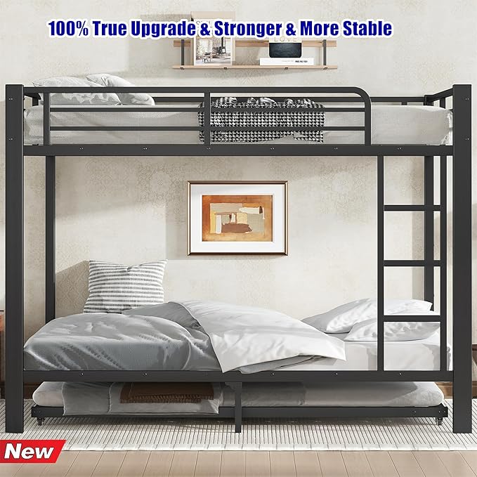 LUCALEO Stronger & Truly Reinforced Heavy Duty Metal Bunk Bed Full Over Full Size Bunkbed, Thickened More Stable & Safer Steel Bunk Bed Frame with Twin Size Trundle (Greater Weight Capacity)