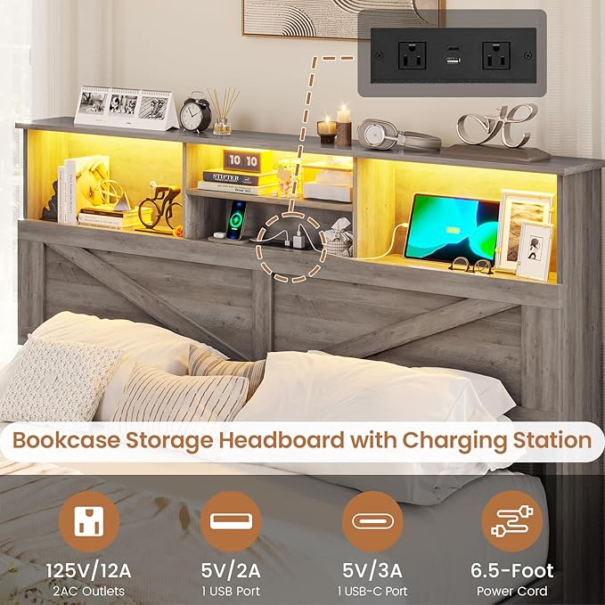 VIAGDO Farmhouse Bed Frame Queen Size with Bookcase Storage Headboard, Charging Station and LED Lights, Wooden Queen Bed Frame with 4 Drawers, Barn Door Design, No Box Spring Needed, No Noise, Grey