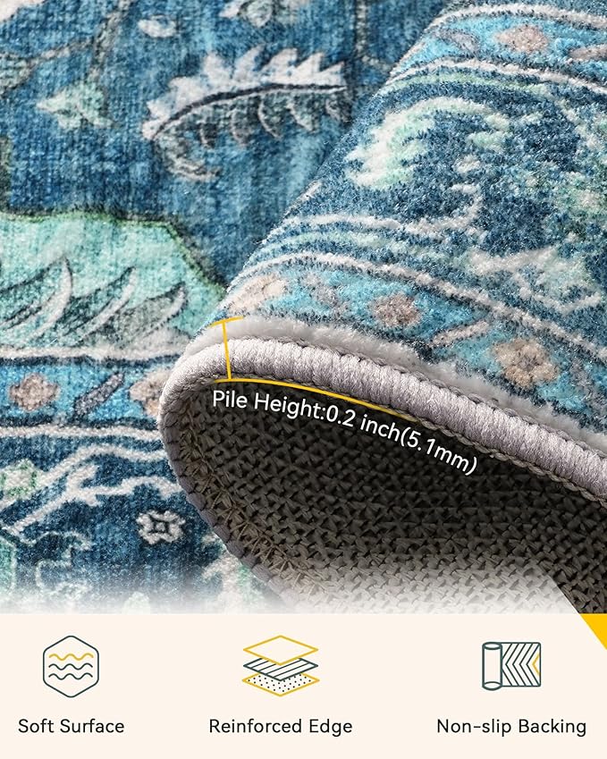 Area Rugs 4ft Washable Non-Slip, Floral Vintage Distress Print Pattern Medallion Carpet for Living Room Bedroom Dining Room, Teal Green Lake Blue Turquoise