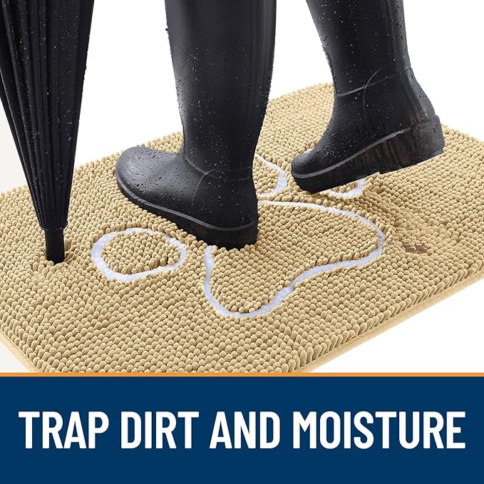 OLANLY Dog Door Mat for Muddy Paws 47x24, Paw Print Design, Absorbs Moisture and Dirt, Absorbent Non-Slip Washable Doormat, Quick Dry Chenille Mud Mat for Dogs, Entry Indoor Entryway Carpet, Beige