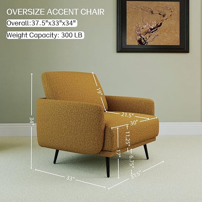 Oversized Accent Chair for Living Room Cozy Reading Chairs Mid-Century Modern Accent Chairs Armchair with Metal Legs Single Sofa Chair for Home Office (1-PCS, Polyester Fabric- Pumpkin Orange)