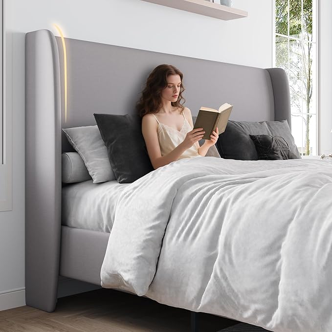 Jocisland Queen Upholstered Platform Bed Frame with 51.2" Tall Wingback Headboard–Solid Wood Legs, No Box Spring Needed, Light Grey Linen–Modern Style for Any Bedroom