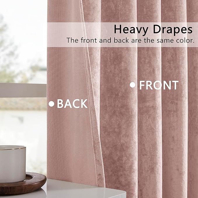 SMILETIME Pink Crushed Velvet Curtains 52x84inch Rod Pocket Luxurious Thermal Insulated Soundproof Drapes Soft and Durable Light-Filtering Window Treatments for Living Room Bedroom, 2 Panels