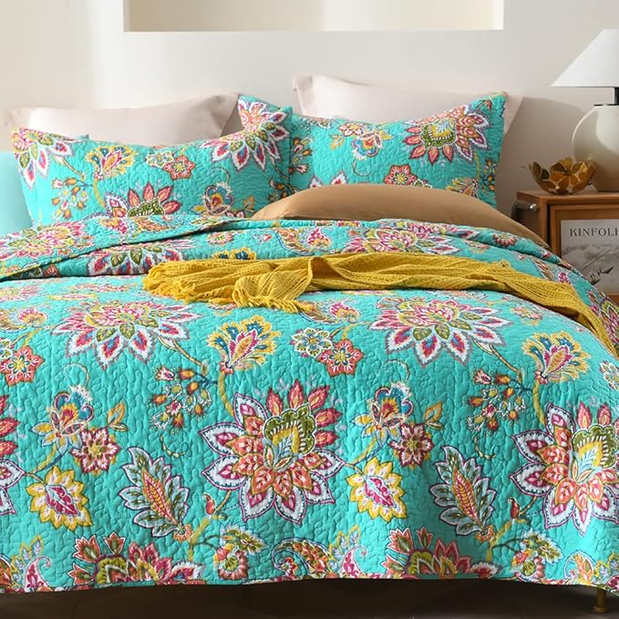 Cotton Bedspread Quilt Sets Reversible Bedding Coverlet Sets Comforter Paisley Floral Bedspread (Green Vintage Floral, King Size)