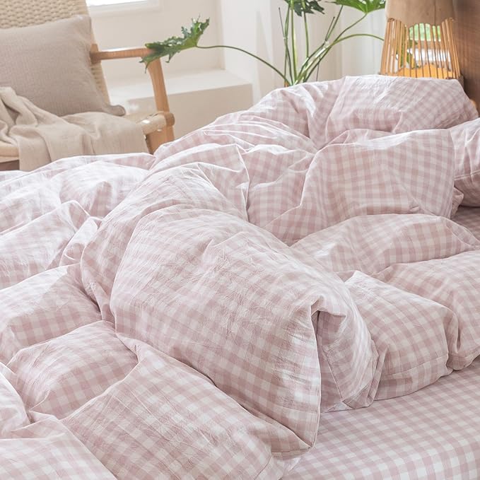 MooMee Gingham Duvet Cover Set 100% Washed Cotton Linen Like Textured Breathable Durable Soft Comfy Modern Checkered Design (Classic Gingham Greyish Pink, Full 80"x90")