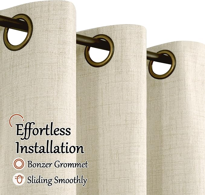 100% Blackout Curtains for Bedroom 63 Inch Length 2 Panels, Thermal Insulated Complete Light Blocking Noise Reducing Linen Window Curtains for Nursery, Bronze Grommet, Each 52" Wide, Natural