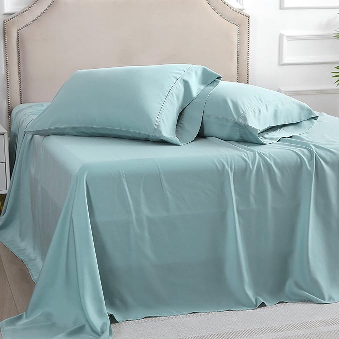 Linen World Lyocell Cooling Bed Sheets Set Queen Size,100% Organically Grown Viscose Sheets,Deep Pocket Up to 16",4 Pieces Silky Soft,Breathable Bedding Sheets & Pillowcases(Ice Blue,Queen)