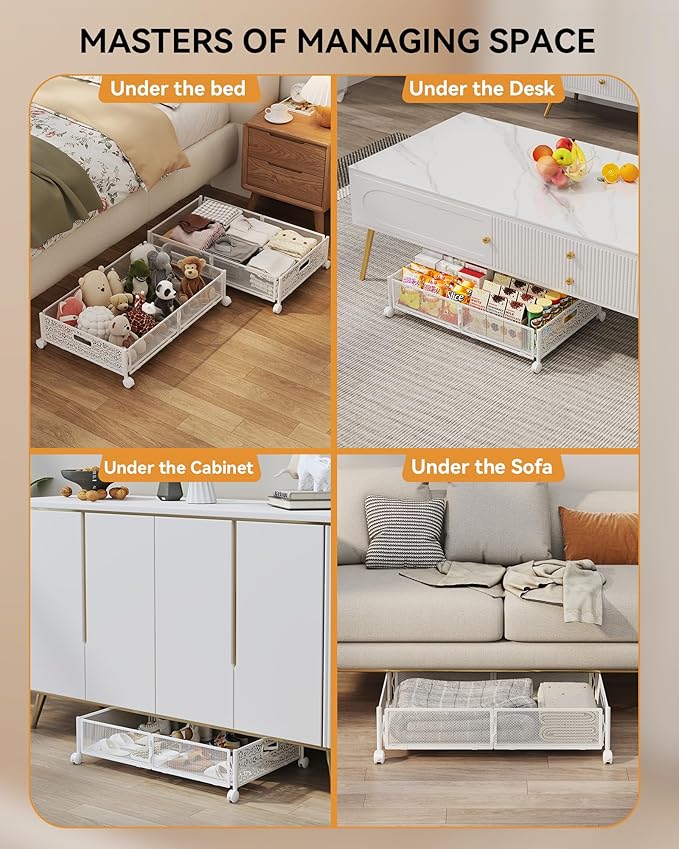 Under Bed Storage with Wheels, Foldable Pattern Carved Metal Under The Bed Storage, Tool-Free Assembly Under The Bed Storage Bins, 60L Underbed Storage for Bedroom Clothes Blankets Shoes Toys-4 Pack