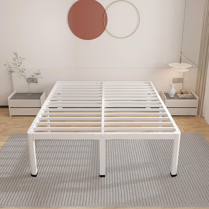 ROIL 12 Inch White King Bed Frame with Rounded Corner and Headboard Hole Mattress Retainers, 3500LBS Heavy Duty Steel Slats No Box Spring Needed Platform Noise-Free Easy Assembly