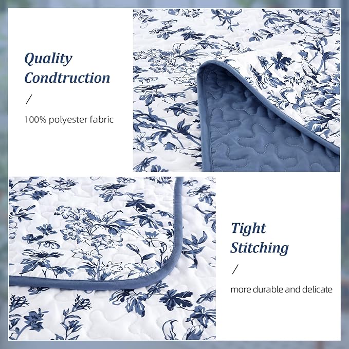 WONGS BEDDING Quilt Queen Size, Blue Quilt Bedding Set with 2 Pillowcases, Botanical Quilts for Queen Bed, Soft Microfiber Lightweight Coverlet Bedspread for All Season (96"×90", 3 Pieces)
