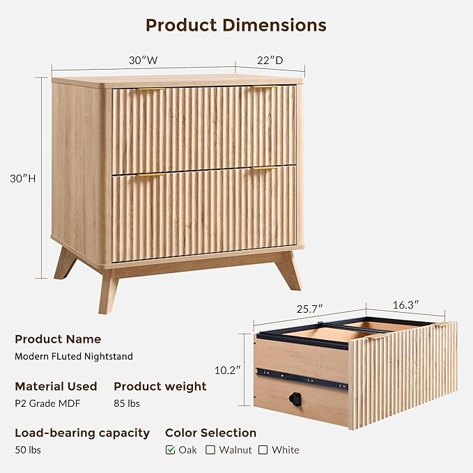 T4TREAM Fluted Night Stand Set 2, 30" Tall Bedside Table with 2 Drawers & Large Tabletop, Modern Wood Side Tables Bedroom, End Table for Living Room, Natural Oak