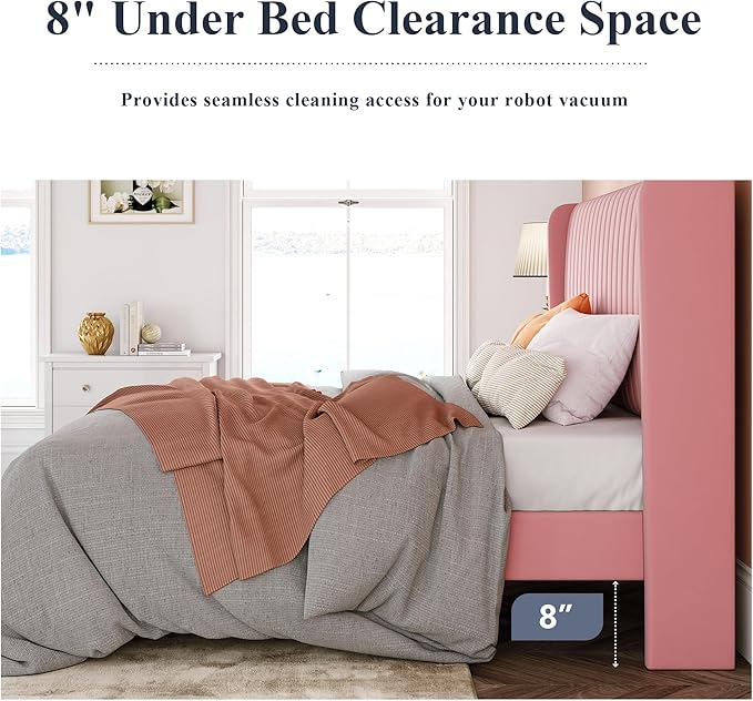 Allewie Queen Size Velvet Bed Frame/Vertical Channel Tufted Wingback Headboard/Upholstered Platform Bed/Strong Wooden Slats/No Box Spring Needed/Easy Assembly/Pink
