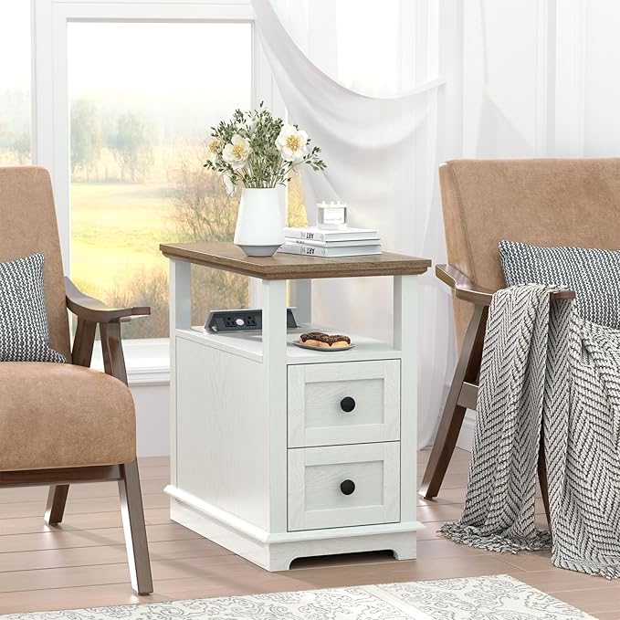 HIFYOBRO Narrow End Table with Flip Top Charging Station and 2 Drawers, Type-C & USB Port & Power outlets, Wooden Storage Cabinet, Side Table with Storage for Living Room and Bedroom (White)