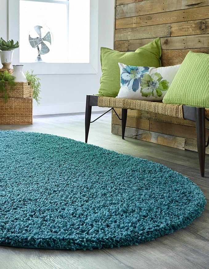 Unique Loom Solid Shag Collection Area Rug (8' x 10' Oval, Deep Aqua Blue)